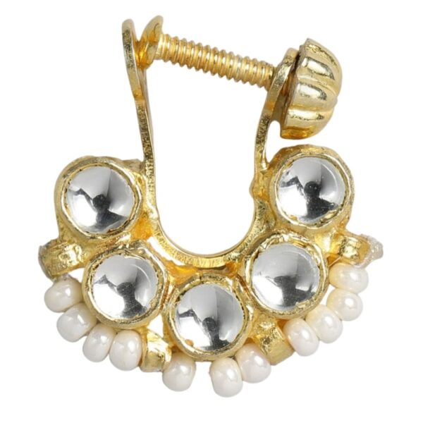 Gold-Plated White Kundan and Pearl Studded Handcrafted Nose