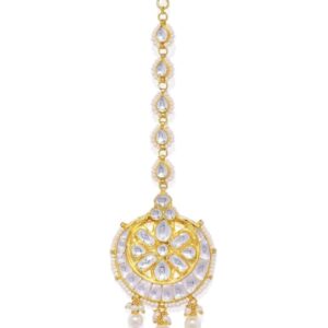Gold-Plated White Kundan-Studded Beaded Handcrafted Maang Tikka For Womens.