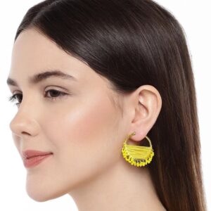 Gold Plated Silk Threaded Tiny Beads Embellished Yellow Hoop Earrings for Women and Girls