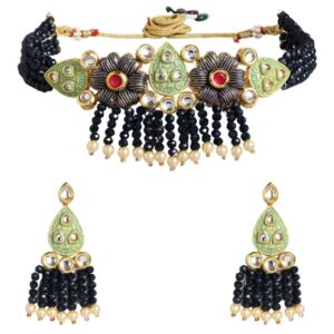 Gold tone navy blue and mint green enamel choker jewellery set