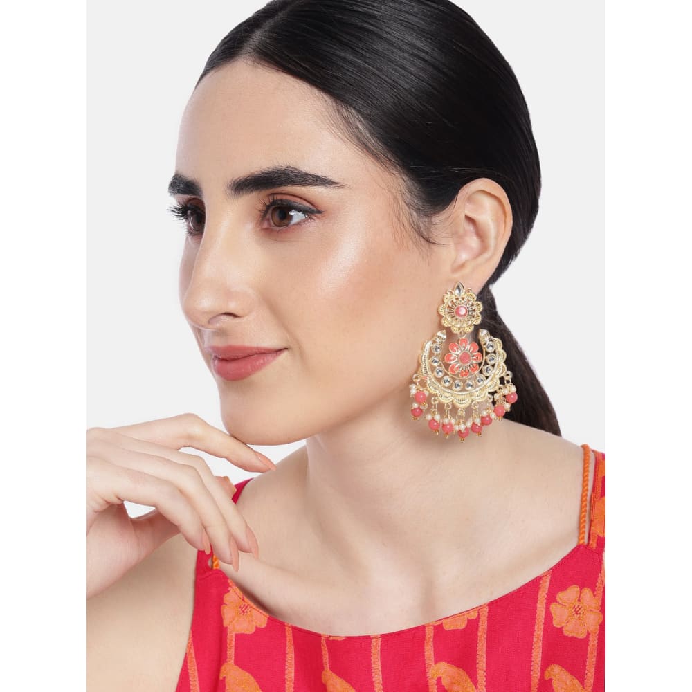 Gold tone peach enamel drop earrings embellished with beads