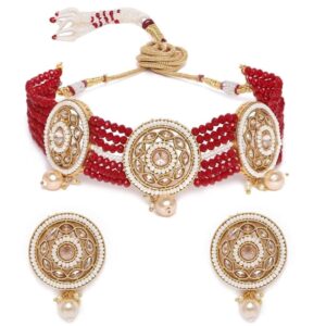 Traditional Gold Plated Handcrafted Embellished Pearl Choker Necklace Set for Women