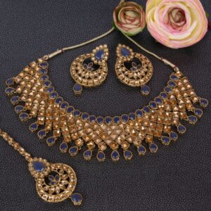 Gold Toned Champagne and Blue Stones Jewellery Set with Earrings and Maang Tika for Women