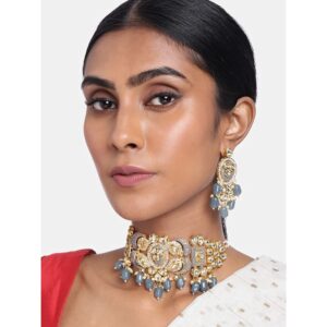Gold Toned Kundan and Gray Enamel Jewellery Set for Women