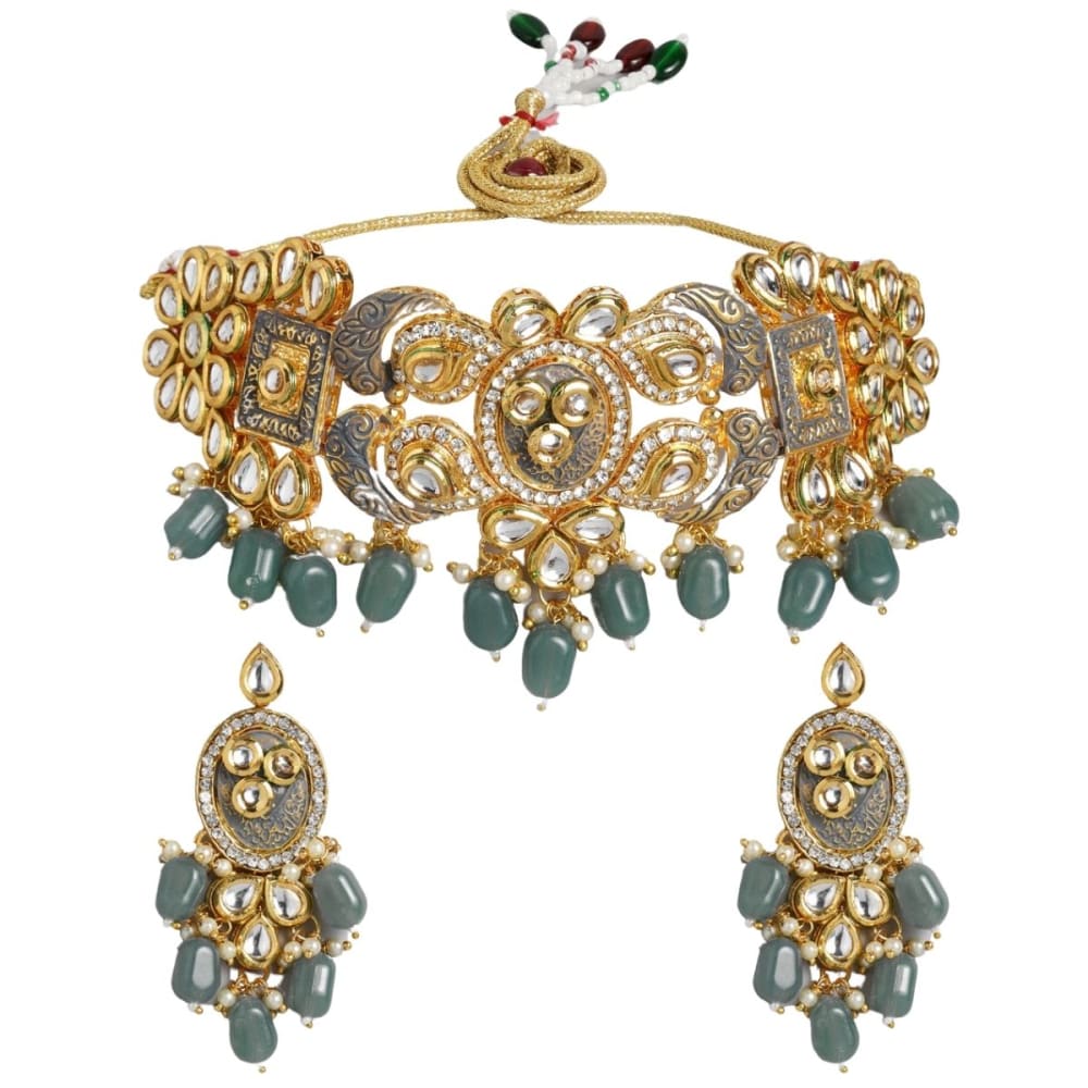 Gold toned Kundan and gray enamel Jewellery set - Jewellery
