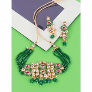 Gold Toned Kundan and Green Enamel Jewelry Set Embellished with Emerald Beads for Women