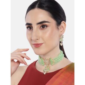 Gold Toned Kundan and Mint Green Enamel Choker Set Embellished with Beads for Women