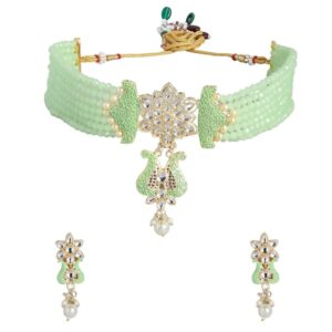 Gold Toned Kundan and Mint Green Enamel Choker Set Embellished with Beads for Women