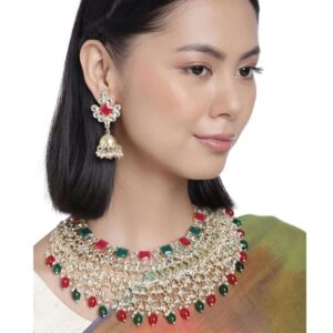 Gold toned Kundan and Multi Beaded stone enamel Jewellery set for women and girls