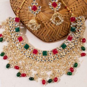 Gold toned Kundan and Multi Beaded stone enamel Jewellery set for women and girls