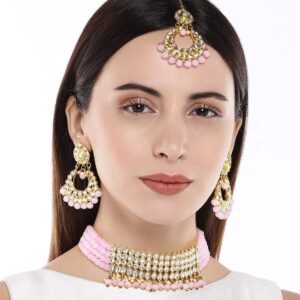 Gold Toned Kundan and Pink Beads Choker Jewellery Set with Earrings and Maang Tikka for Women