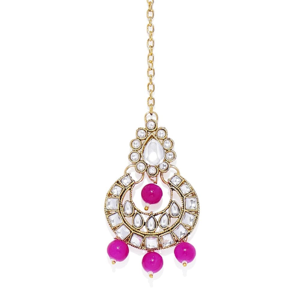 AccessHer Gold Toned Kundan and Pink Beads Jewellery Set