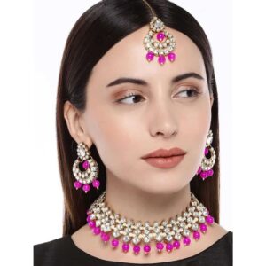 Gold Toned Kundan and Pink Beads Jewellery Set with Earrings and Maang Tikka for Women
