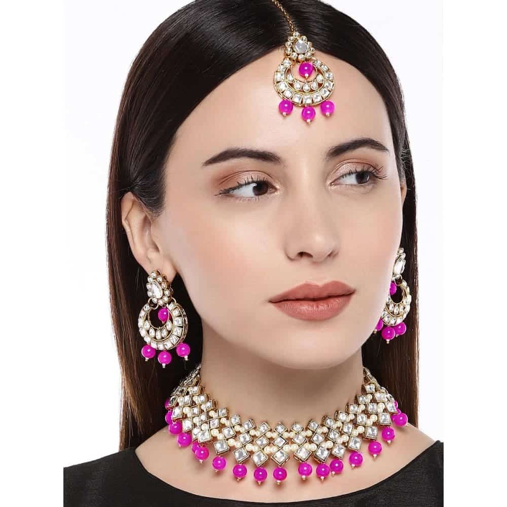 AccessHer Gold Toned Kundan and Pink Beads Jewellery Set