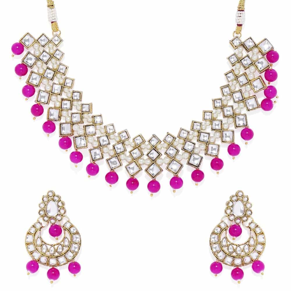 Gold Toned Kundan and Pink Beads Jewellery Set with Earrings