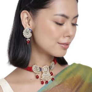 Gold Toned Kundan and Red Beads Embellished Choker Set for Women