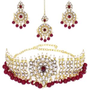 Gold Toned kundan Pearls Ruby Bridal Choker Jewellery Set with Earrings and Maang Tikka for Women