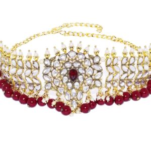 Gold Toned kundan Pearls Ruby Bridal Choker Jewellery Set with Earrings and Maang Tikka for Women