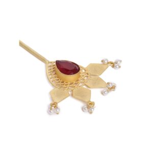Gold-Toned & Maroon Stone and Pearl Embellished Hair Stick for Women