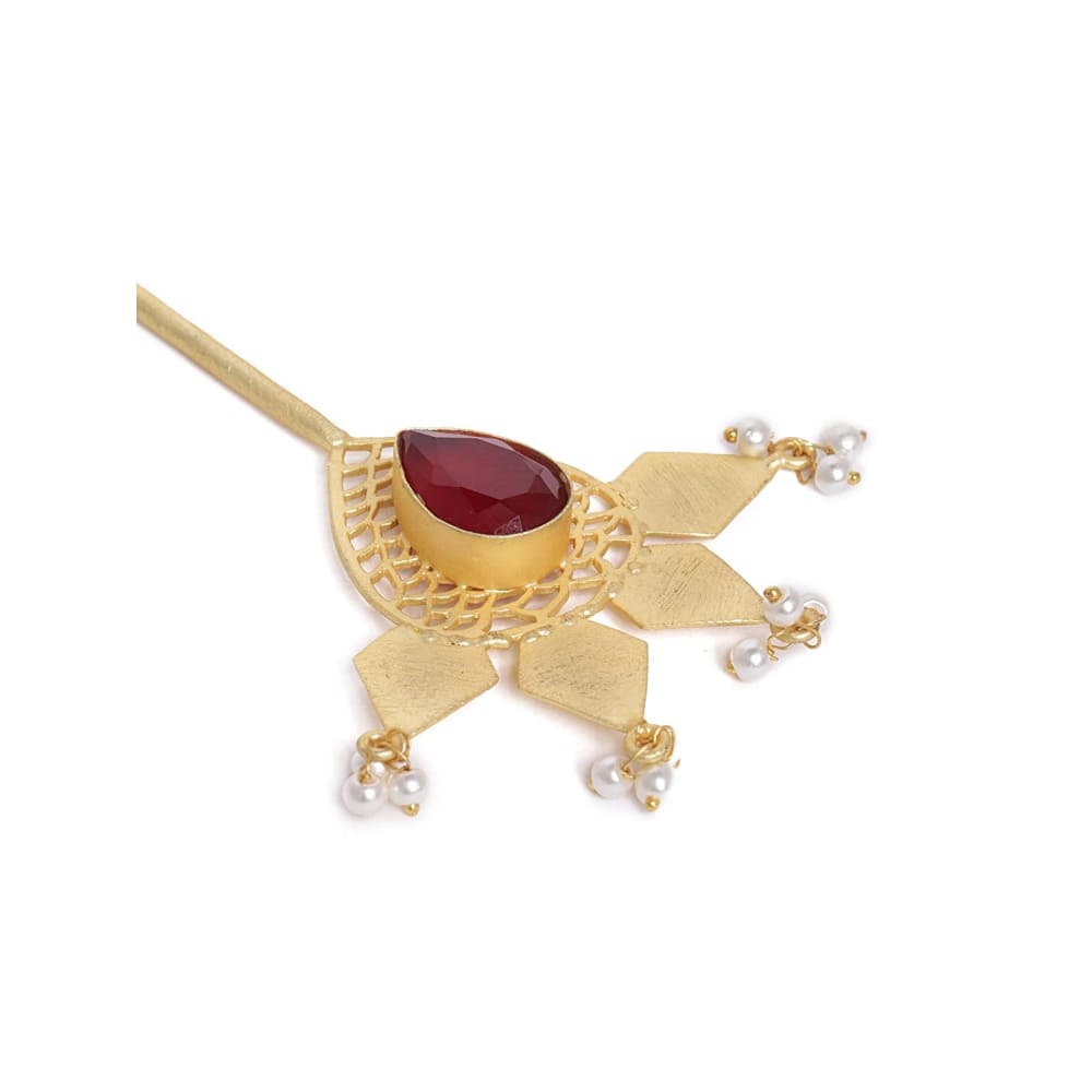Gold-Toned & Maroon Pearl and Embellished Hairstick/Bun pin