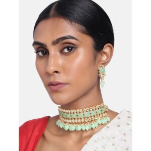 Traditional Gold Plated Mint Green Enamel Choker Jewelry Set Embellished with Beads for Women