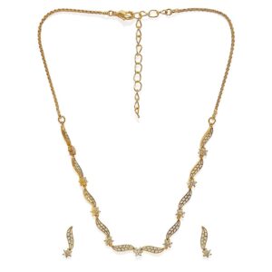 Gold Toned Necklace with Gray Enamel Details and CZ Stones For Women