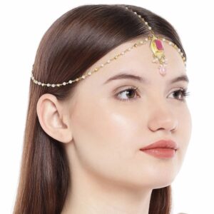 Gold Toned Pearl Head Chain with Artificial Stone maang tikka- DM0519MV9GP
