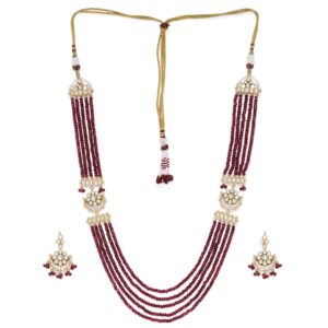 Gold Toned Ruby Crystals Beads and Pachi  Kundan Embellished Jewellery Set for Women