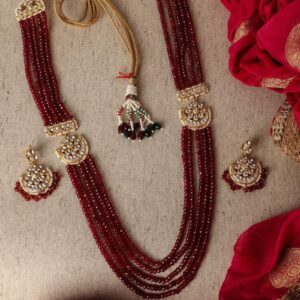 Gold Toned Ruby Crystals Beads and Pachi  Kundan Embellished Jewellery Set for Women
