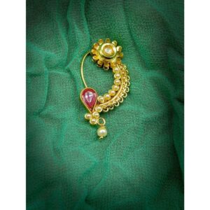 Traditional Gold Plated Rhinestone and Ruby Studded Floral Maharashtrian Nose Pin for Women