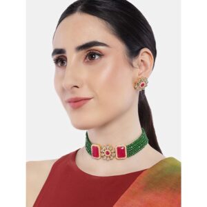 Traditional Gold Plated Green Beads and Kundan Studded Choker Necklace Set for Women