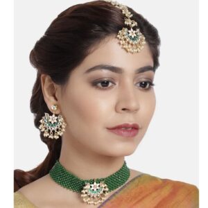 Green Beads Fusion Choker Set with with Chandbali Earrings and Maang Tikka  for Women