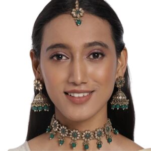 Green Beads Studded Choker Necklace Set with Jhumki Earrings and Maang Tikka for Women
