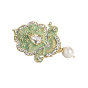 Green Enamel and Rhinestones Studded Brooch and Saree Pin for Men and Women