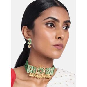 Traditional Gold Plated Green Enamel Choker Jewelry Set Embellished with Beads for Women