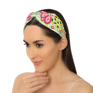 Green Statement Headband with Embroidered Flowers for Women