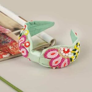 Green Statement Headband with Embroidered Flowers for Women