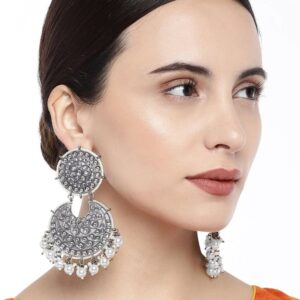 Gunmetal Silver Kundan Chandbali Earrings for women