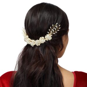 Handcrafted Gold Plated Crystal Beads and Pearls Floral Wedding Hair Vine/Headband for Women and Girls