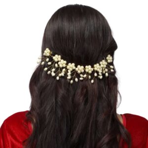 Handcrafted Gold Plated Pearls Floral Wedding Hair Vine/Headband for Women and Girls