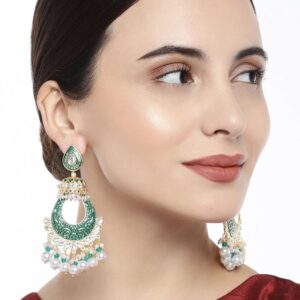 Handcrafted Kundan And Pearl Studded Gold plated Green Enamel Dangle Earrings