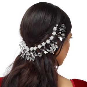 Handcrafted Silver Plated Crystal Beads and Mirror Floral Wedding Hair Vine/Headband for Women and Girls