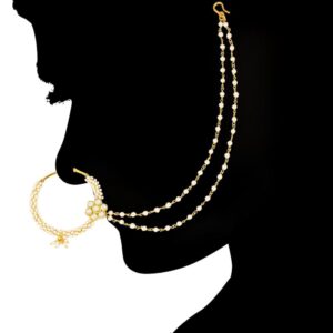 Jadau Kundan Embellished Nose Ring with Two Layer Pearl Chain for Women