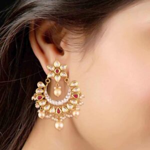 Jadau Kundan, Ruby and Pearl Chandbali Gold Plated Dangle Earrings for Women