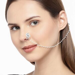 Jadau/Paachi Kundan Silver Nose Pin With Pearl Chain for Women