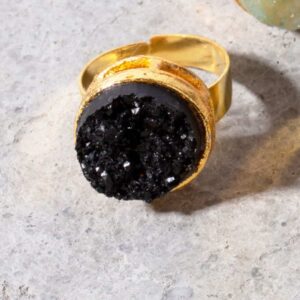 Jet Black Druzy Stone Handcrafted Finger Ring for Women