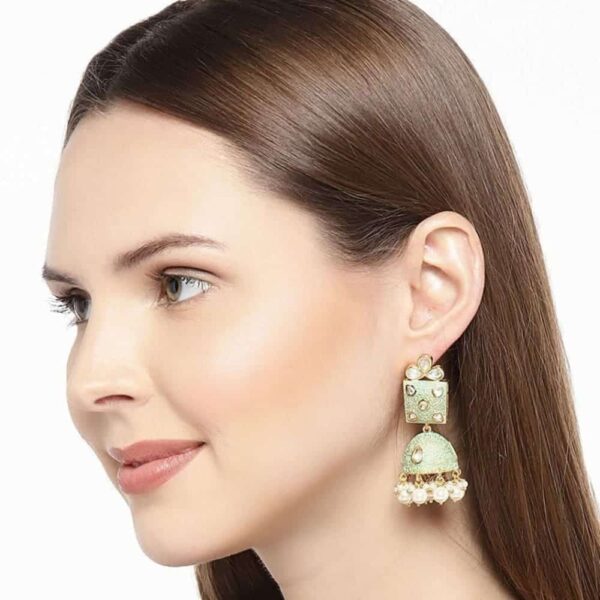 ER0219SR233GG-Accessher Jhumki Earrings With Mint Green Enamel - access-her