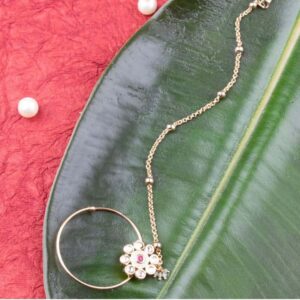Kundan and Enamel Embellished Nose Ring with Chain for Women