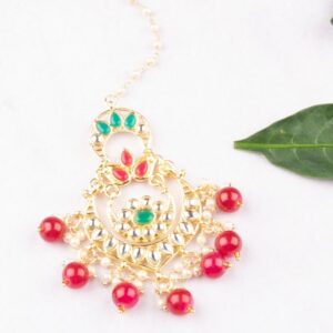 Kundan and Ruby Beads Embellished Chandbali Style Maang Tika for Women