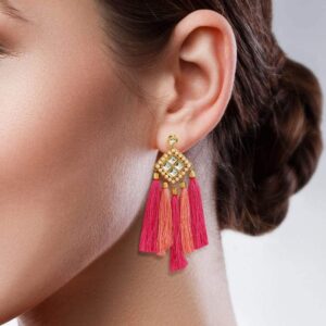 Kundan and Tassle Dangle Pink Earrings for Women